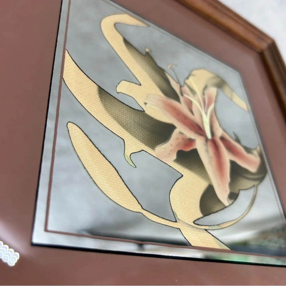 Vintage 90's wooden framed mirror mauve Lily & Lotus flower set 10